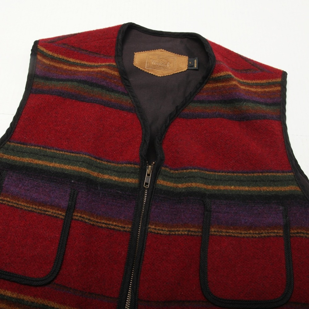 Vintage Woolrich Vest Mens Large Red Stripe Wool Blend USA Zip Pockets Aztec